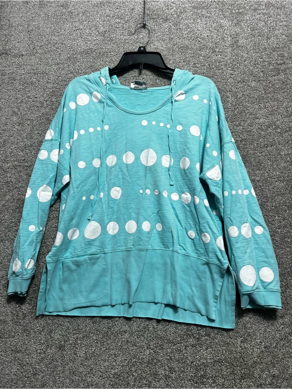 Wild Palms Woman’s Cotton Teal Blue White Dots Hooded Sweatshirt Size Large